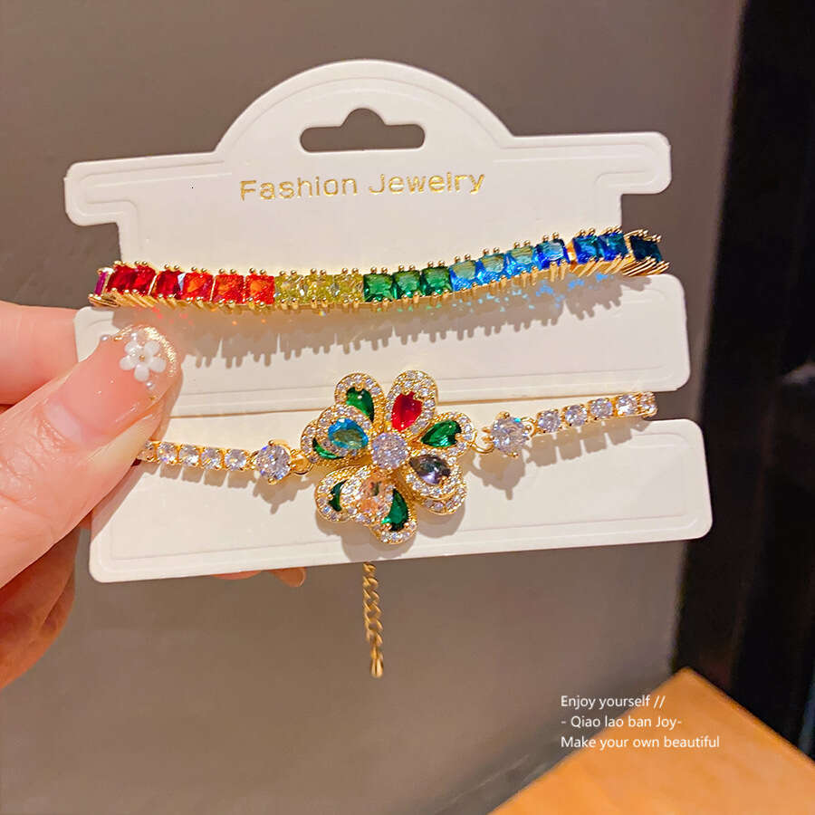 Real Gold Plated Zircon Flower Double Layer Color Light High-end Sense Bracelet Palace Style Fashion Jewelry