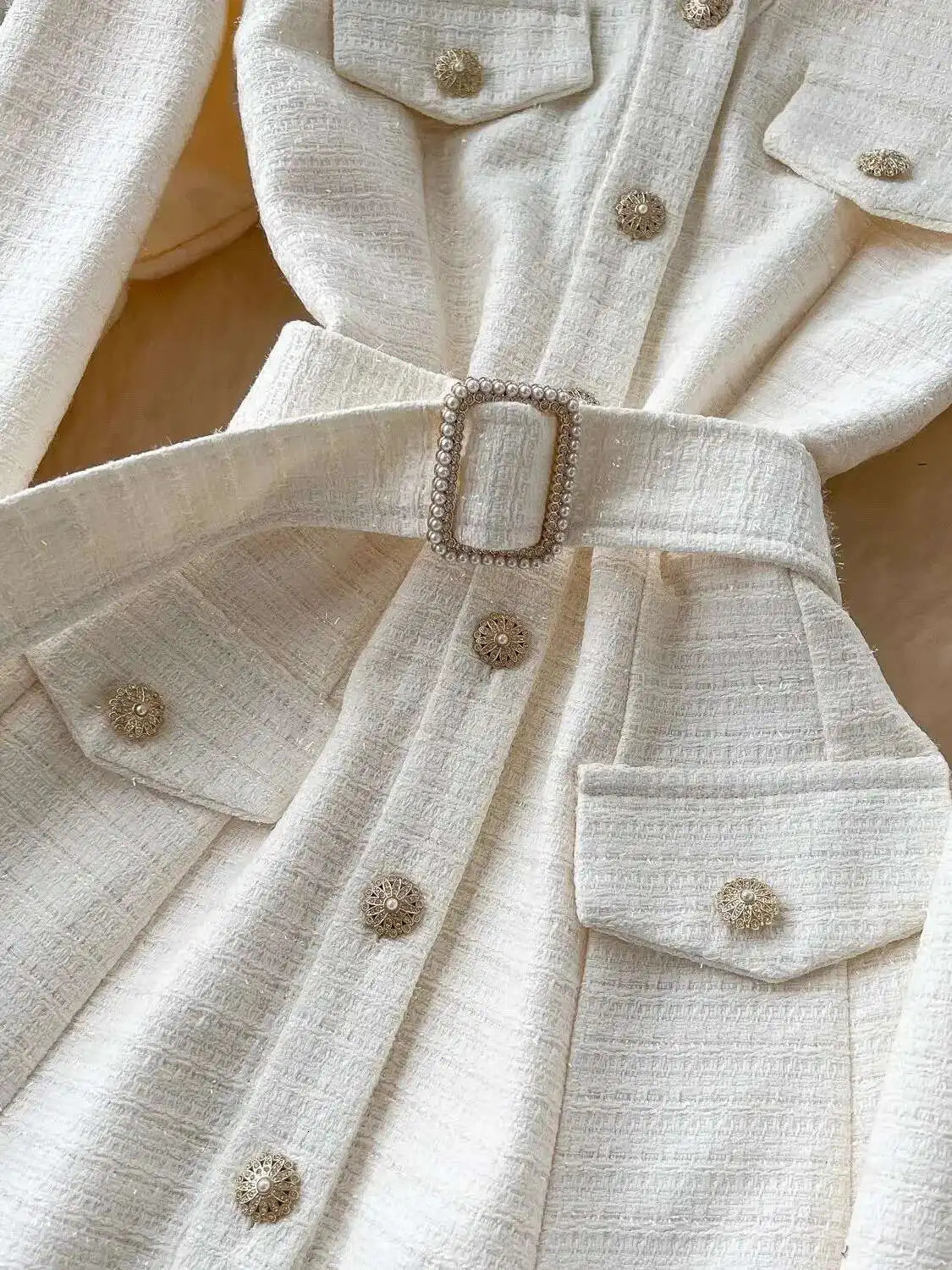 Autumn Vintage Long Sleeve Mesh Tulle Tweed Woolen Midi Dresses Womens Pearls Golden Single Breasted Diamonds Belt Clothing 250603