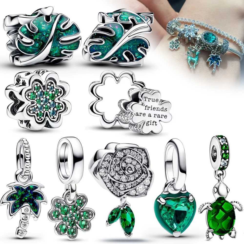 Summer Green Series Lucky Green Monstera Leaves Charm Fit Original Bracelet 925 Sterling Silver Climbing Frog Charm Fine Jewelry XJ250607