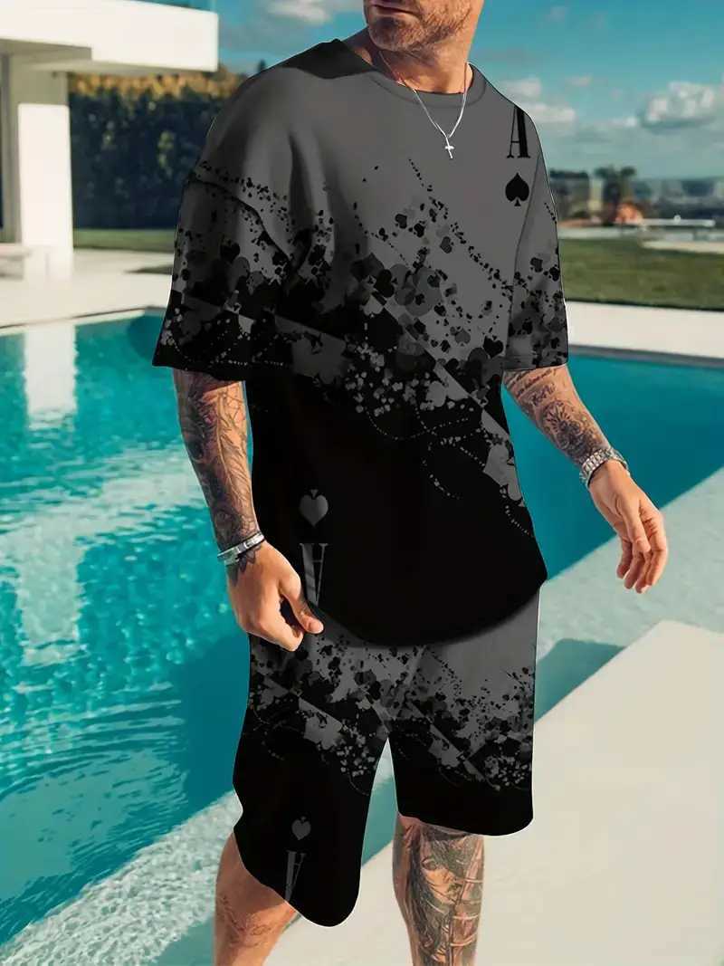 Creative Playing Card Pattern Men Clothing 2-piece Sets 3D Print Summer Casual T Shirt+Shorts Suit Street Short Sleeve Sportswear W250609
