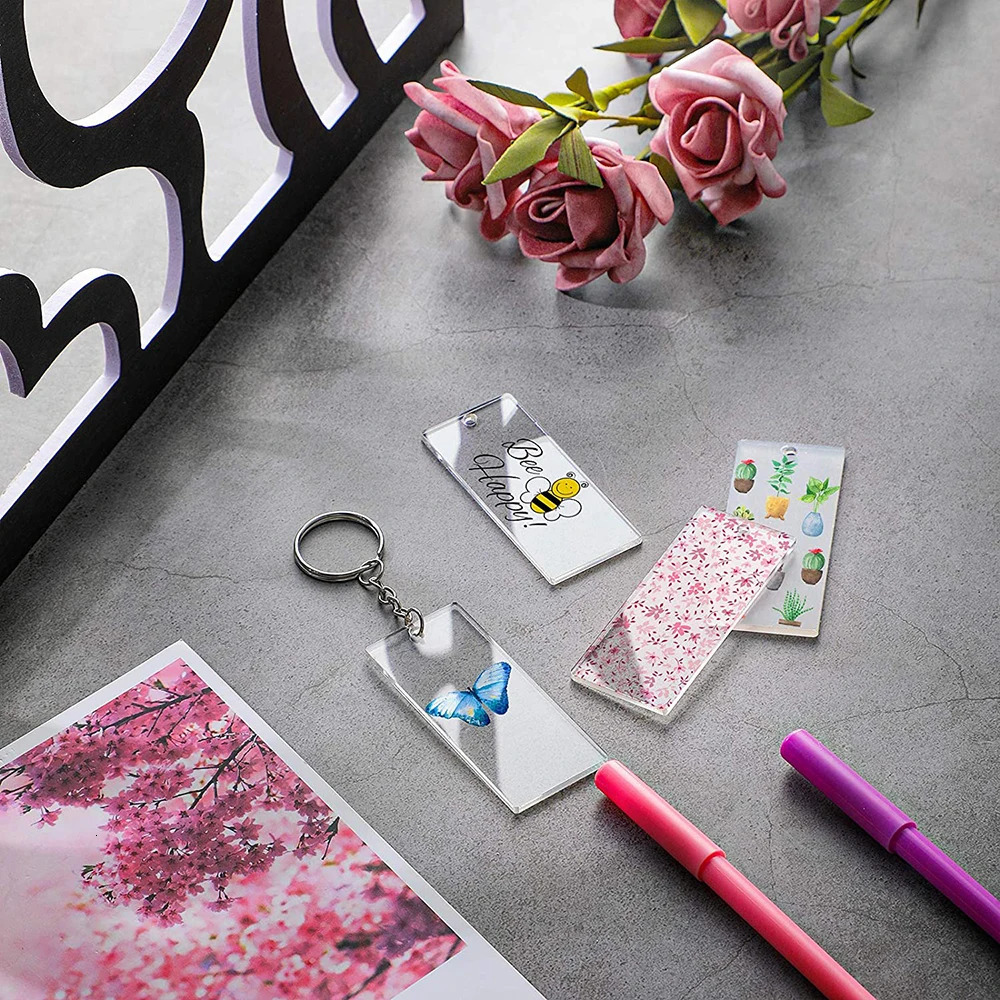 90Pcs Transparent Acrylic Keychain Blank Charms Key Chains Jump Ring for DIY Craft Ornament Engrave Painting 250606