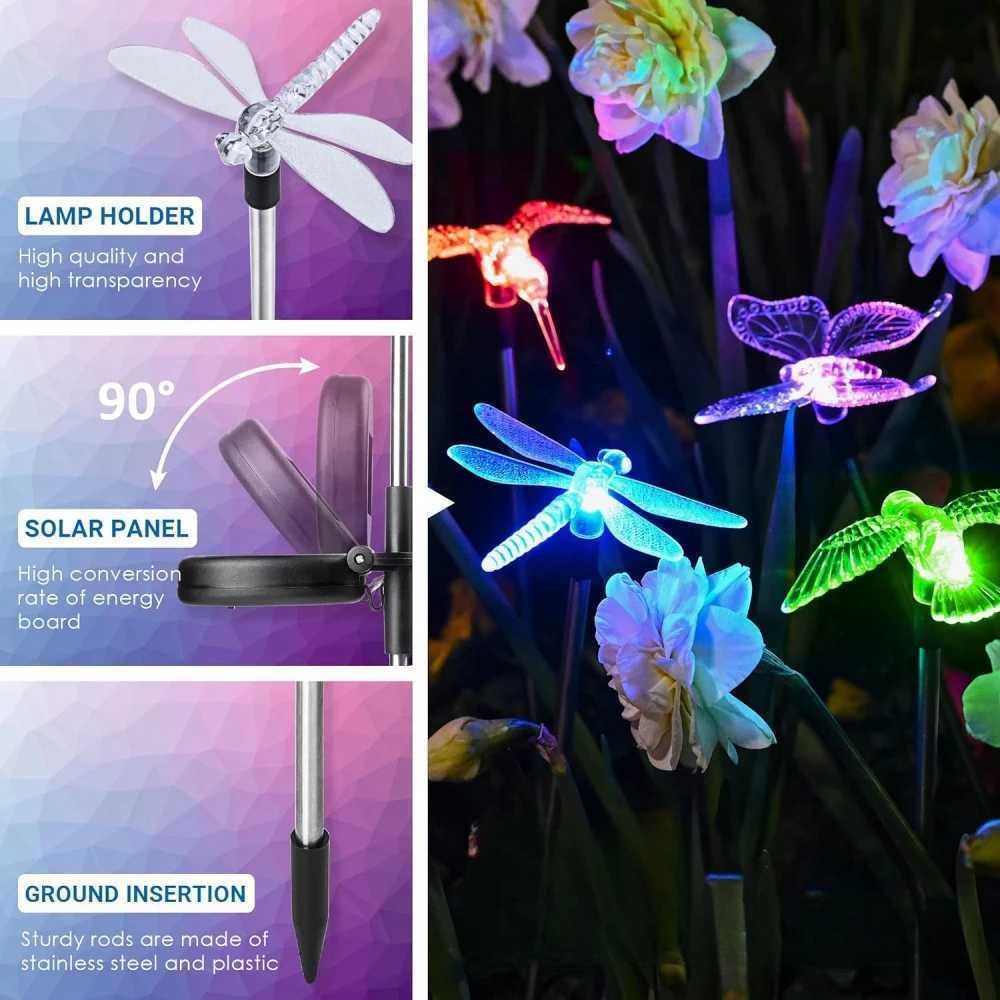 3pcs Solar Garden Stake Light Outdoor Decorations Dragonfly Hummingbird Butterfly LED Lamp Patio Path Decor W250607