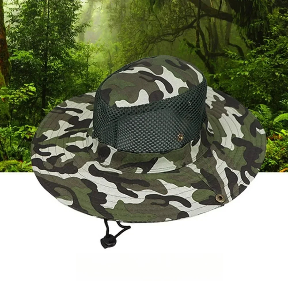 Camouflage Mesh Bucket Hats Wide Brim Beach Hat UV Protection Breathable Hunting Fishing Climbing Hiking Hat Outdoor Men Sun Hat 250605