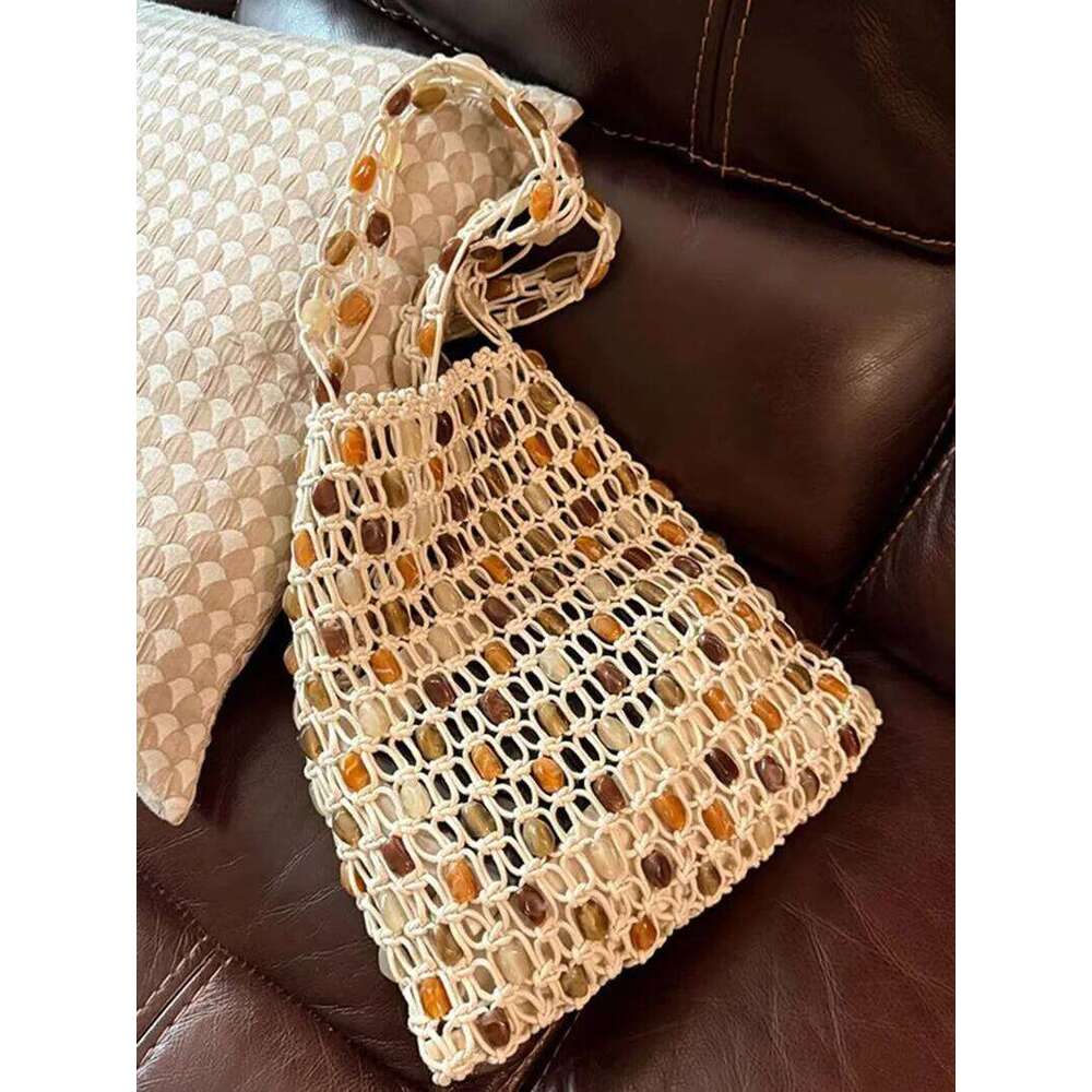 Beaded woven bag Bucket Phone Purse Handmade Hollow Out Cotton Rope Crochet Bag Handbag For Girls