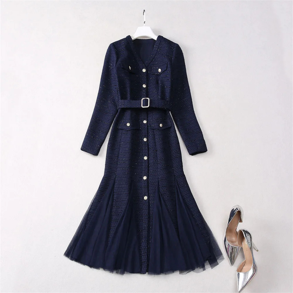 Autumn Winter Single Breasted Beading Tulle Tweed Dress For Women Long Sleeve Prom Evening Fishtail Midi Dresses Party Mermaid 250603