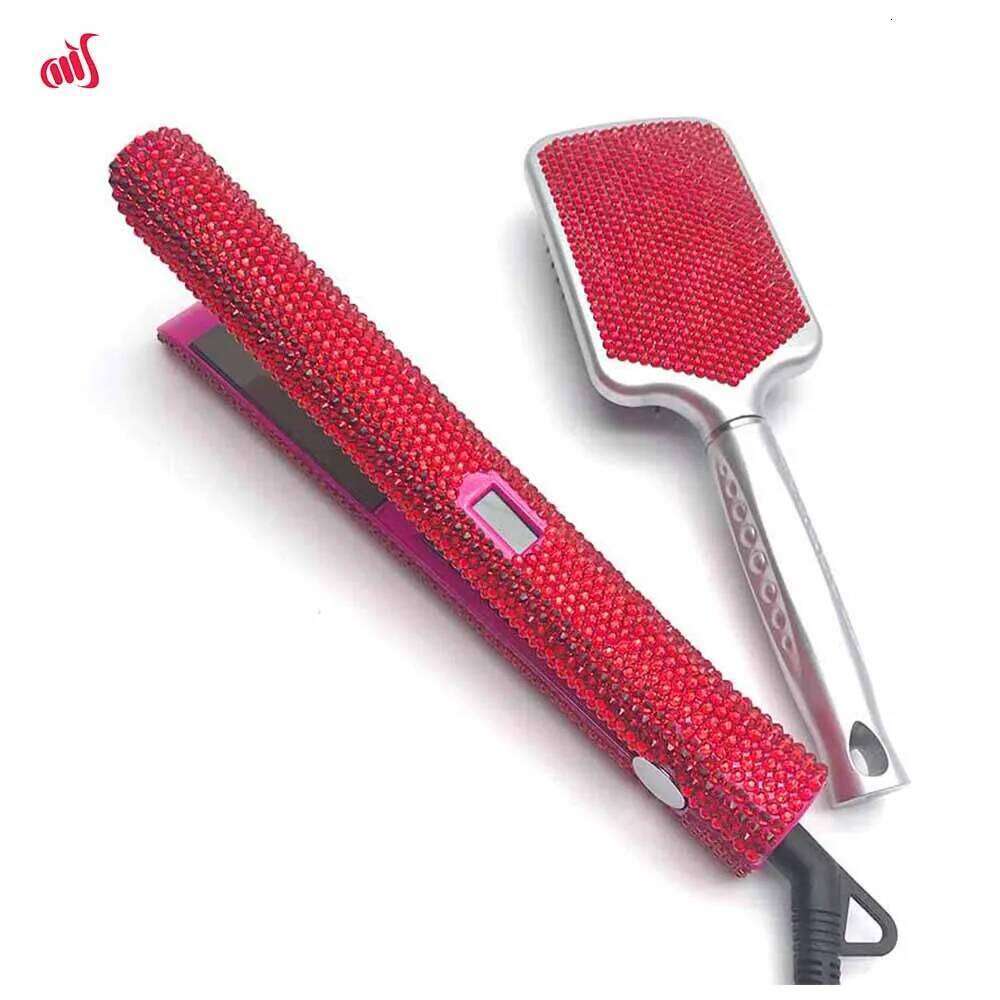 Straightener Iron & Paddle Rhinestone Flat Iron& Massage Brush Kit Planchas Para El Cabello& Cepillo Set
