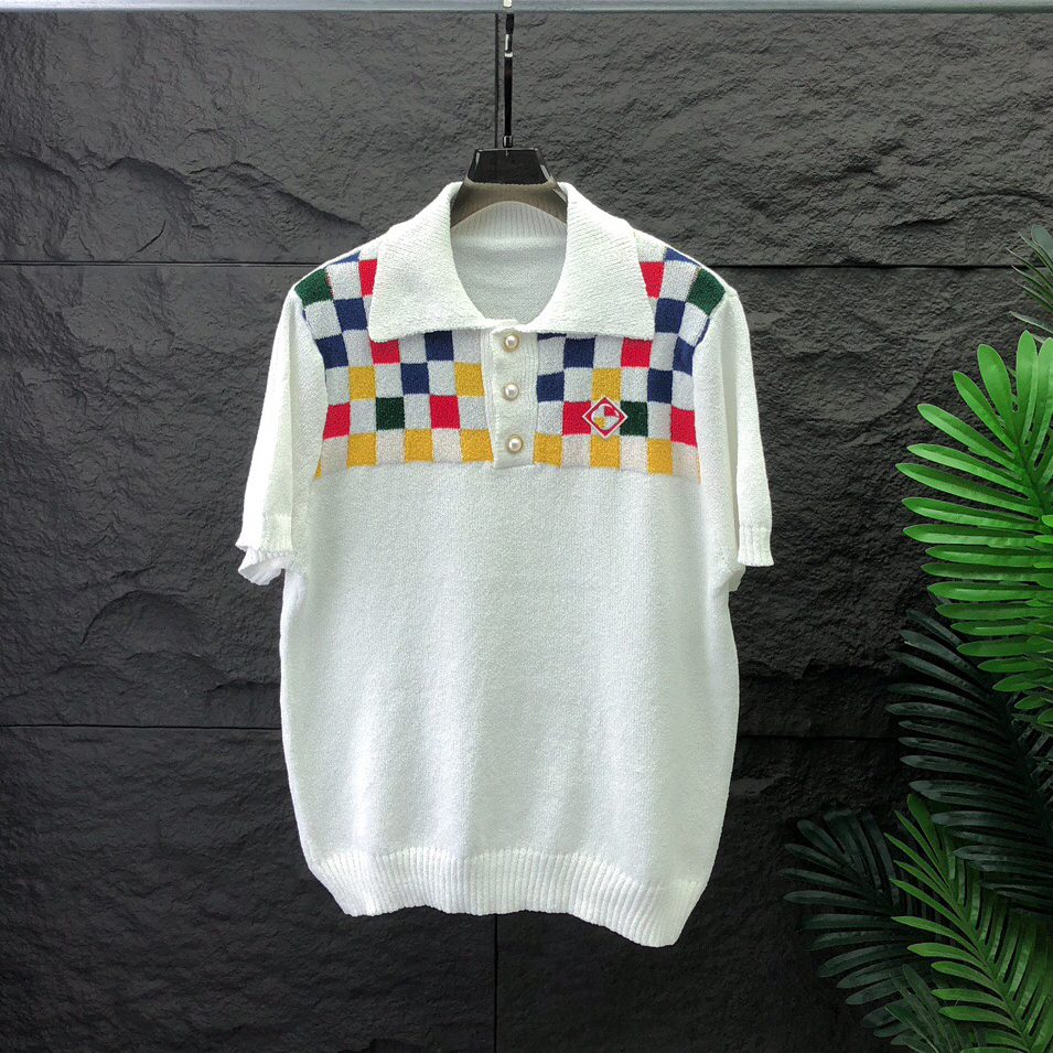 Trendy Plaid Knitted Polo Shirt Oversize Unisex Knitwears Half Buttons Embroidery Mens Short Sleeved Checkered Cardigan Sweaters