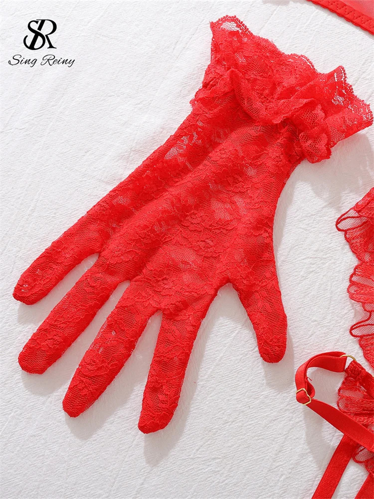 SINGREINY Sensual Lace Hollow Out Bra Brief Sets Fashion Straps Garter Slim Underwear Ladies Erotic Sheer Lingerie 5 Pieces Sets 250603