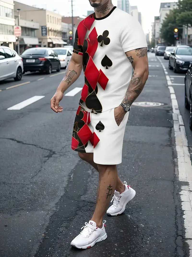 Creative Playing Card Pattern Men Clothing 2-piece Sets 3D Print Summer Casual T Shirt+Shorts Suit Street Short Sleeve Sportswear W250609