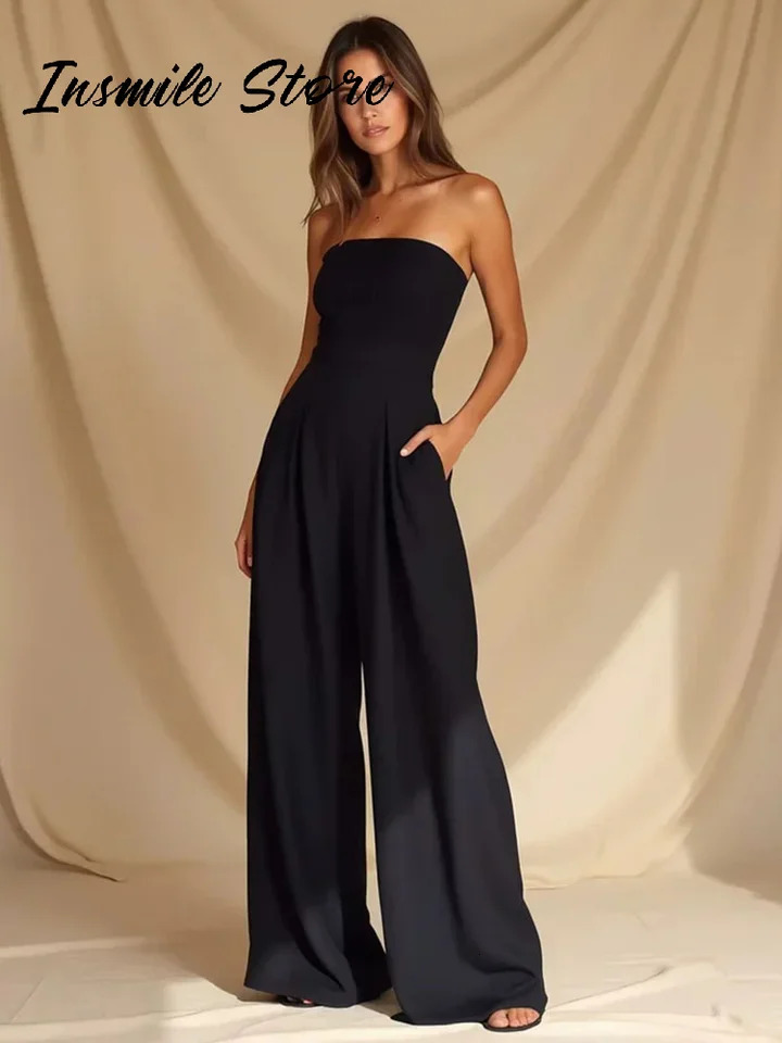 Casual Women Playsuit Sleeveless Backless Wide Leg Solid Pleated Female Strapless Jumpsuit Summer Chic Lady Playsuits 250603
