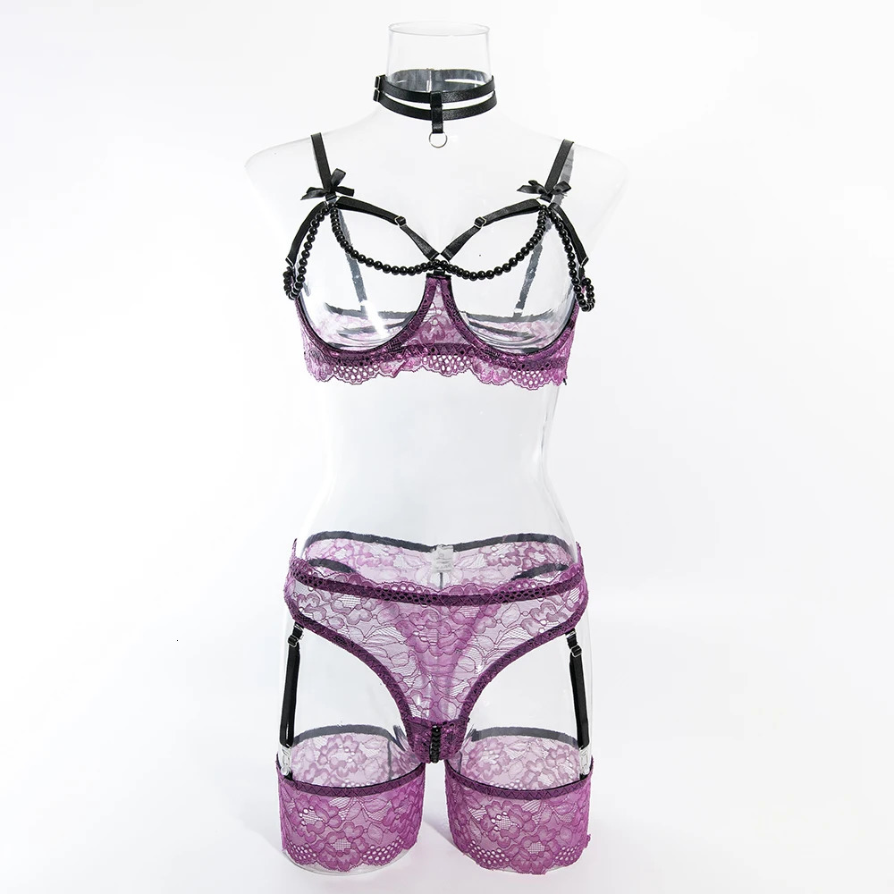 Koltailace So Sexy Ladies Lace and Beading Linger Leaky Open Crotch Fashion Sexy Adult Women Underwear 4-piece Sets 250603