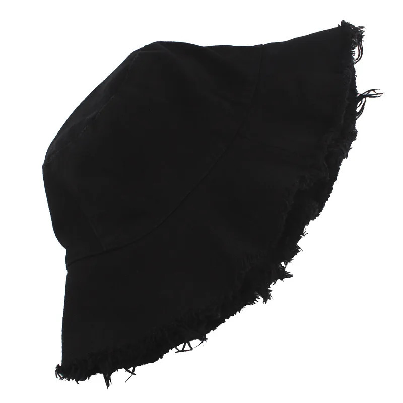 Custom Tassel Washed Denim Bucket Hat Cotton Plain Wide Brim Foldable Fishermans Hat Outdoor Beach Panama Cap 250605
