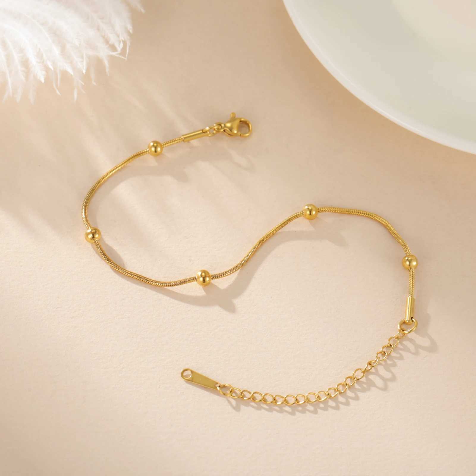 Skyrim Beaded Round Snake Chain Bracelet Women Stainless Steel Gold Color Adjustable Bracelets Minimalist Jewelry Gift Wholesale W250606