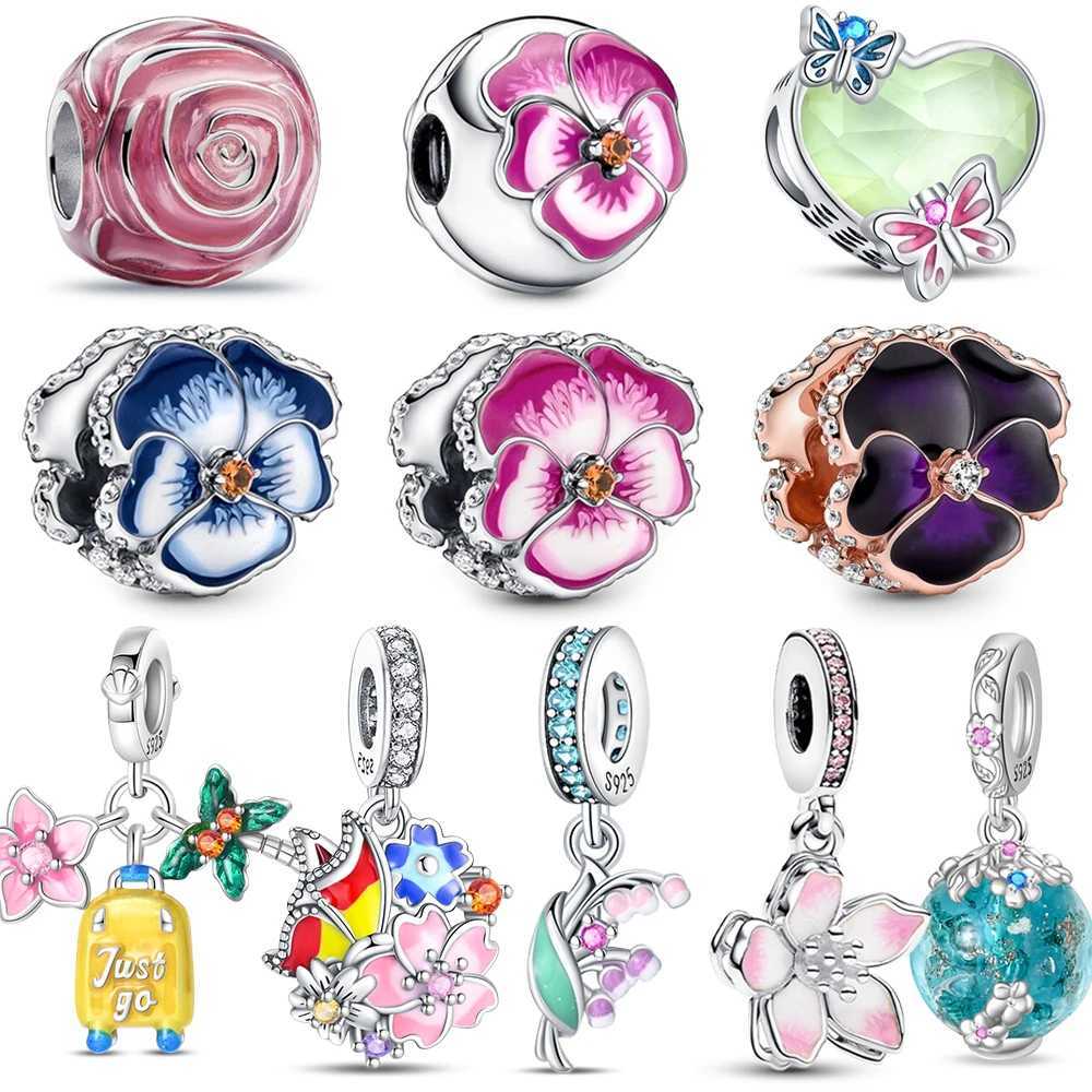 Tren Sterling Silver Pink Pansy Flower Charm Fit Original Bracelet 925 Silver Blue Butterfly Charm Fine Jewelry Gift XJ250607