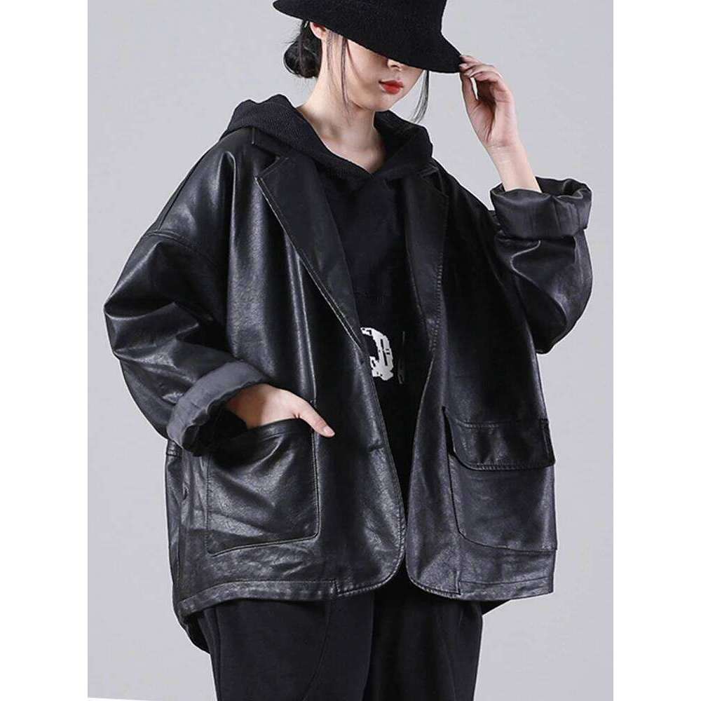 Amax luluE 2025 Autumn England Designer Womens Black Faux Leather Jackets Loose Casual Biker Coat Females Haruku Pu Streetwear
