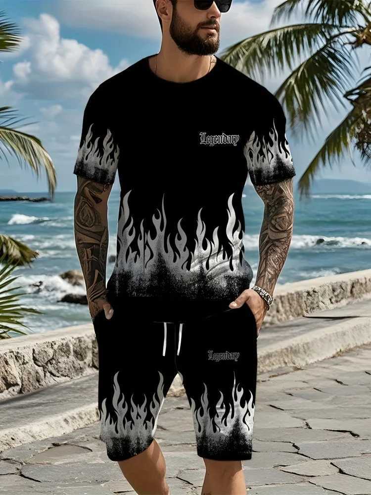 Mens Summer Short Sleeve Set 3D Creative Flame Print Short Sleeve Top Shorts Casual Two-piece Outdoor Fashion Wear W250609