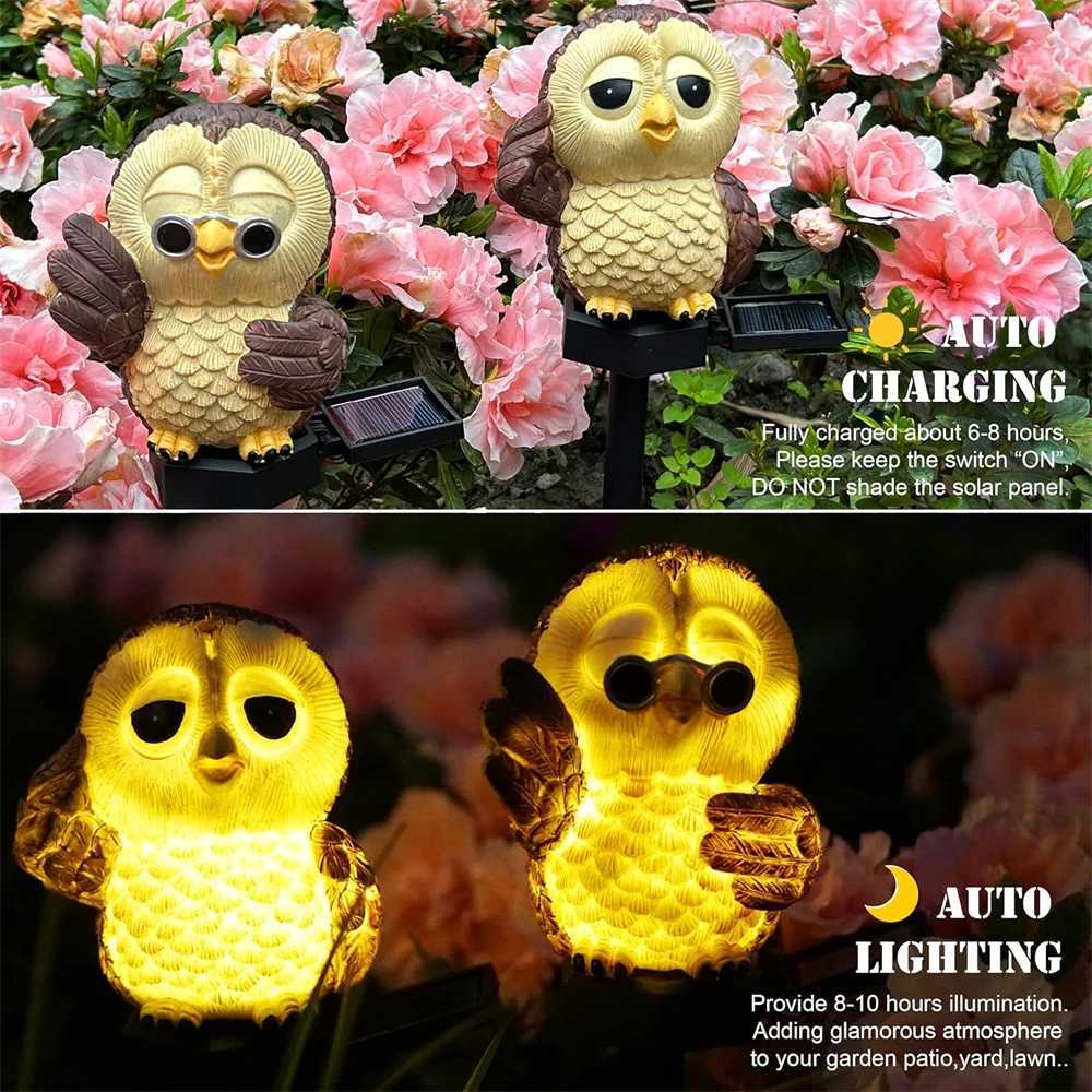 Solar LED Owl Lawn Light Courtyard Garden Decoration Outdoor Garden Waterproof Resin Animal Figurine Lamp with Stake W250607