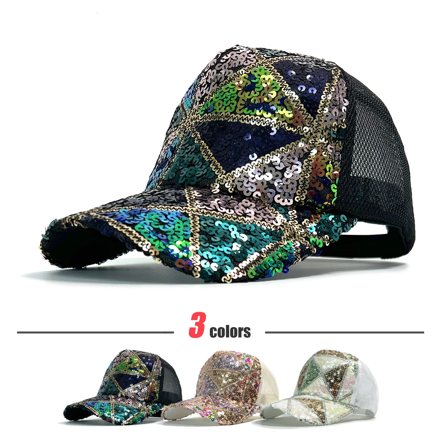 Summer Shiny Sequin Back Mesh Adjustable Cotton Baseball Cap Sun Hat 250605