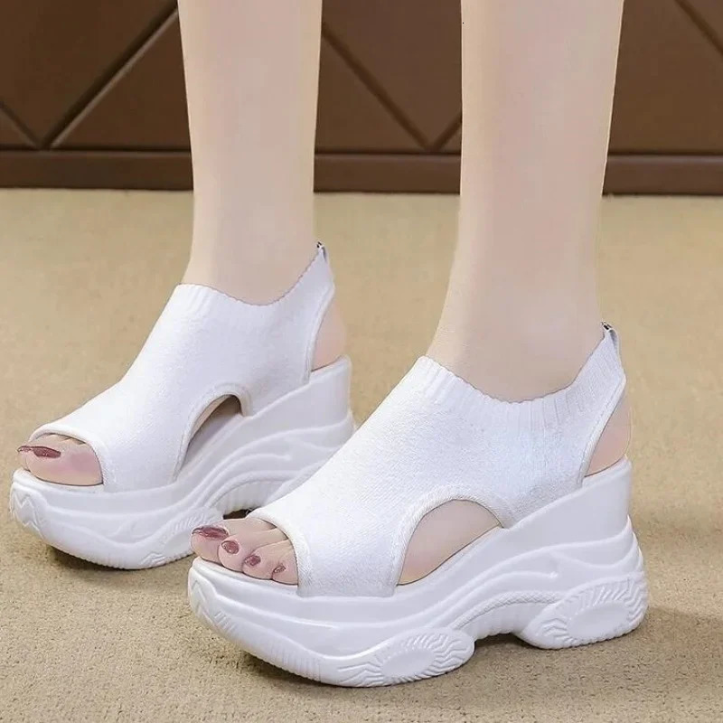 2025 Summer Knitted Fish-mouth Shoes Fairy Wind Cake Sole High Heel Flying Weave Slope Heel Thick Sole Sports Womens Sandal 250605