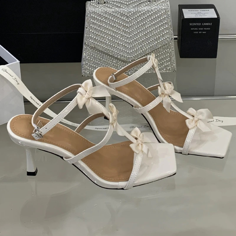 Sexy Heels Women Fashion Narrow Strap Bow Elegant Summer High Heeled Sandals Wedding Bridal Shoes 250605