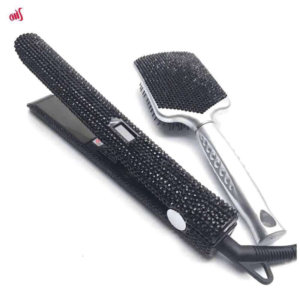 Straightener Iron & Paddle Rhinestone Flat Iron& Massage Brush Kit Planchas Para El Cabello& Cepillo Set