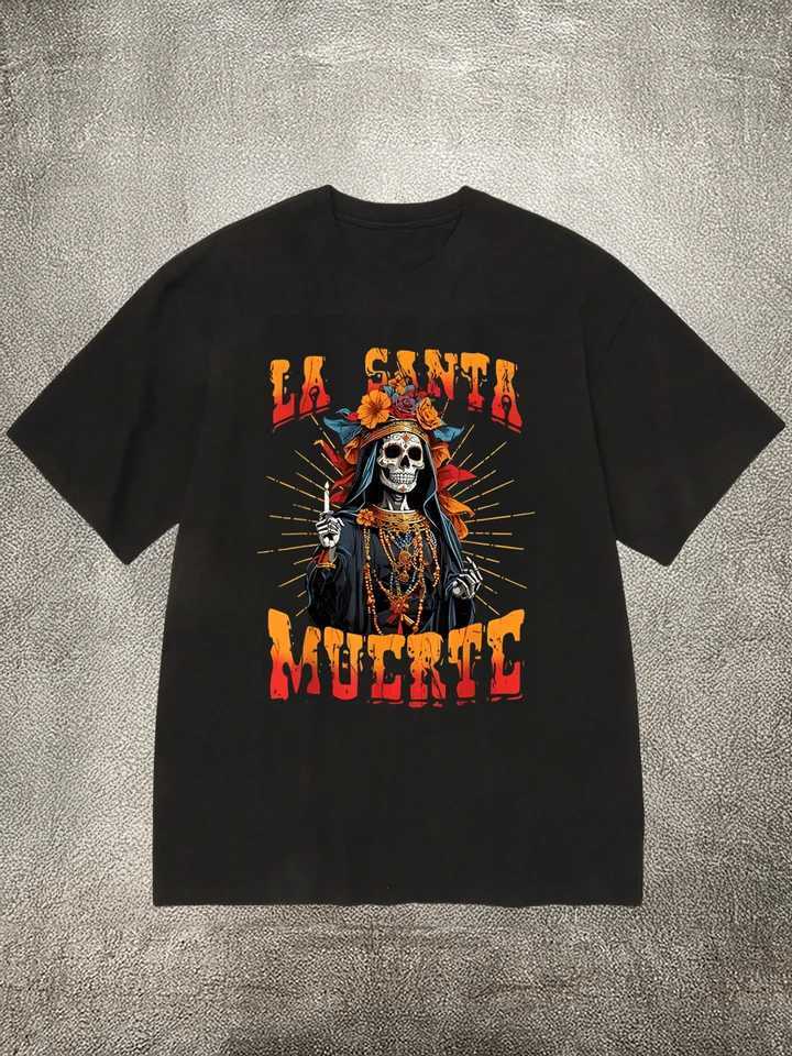 Mens Black 200g Cotton Crew - Neck Short - Sleeve T - Shirt with La Santa Muerte Religious Culture Heat - Transfer Print X250607