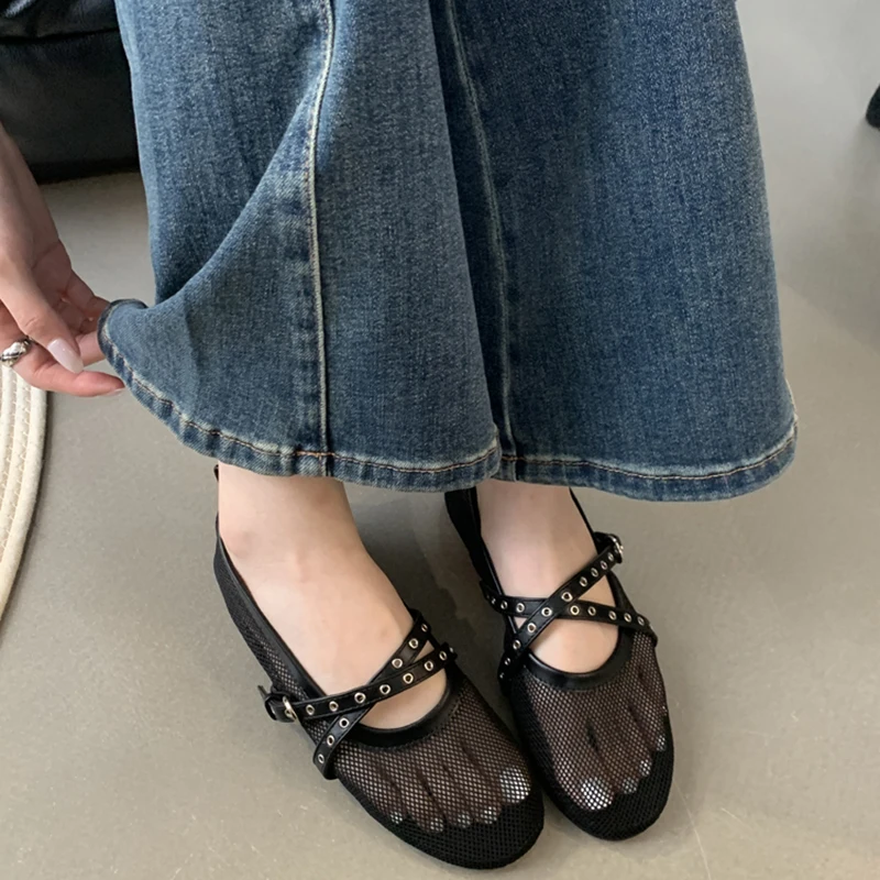 Designer sandals Womens Mesh Ballet Flat Heels Shoes Fashion Hollow Out Ladies Sandale Comfort Breather Dress Ballerina Sandal Simple Outdoor Fishnet 