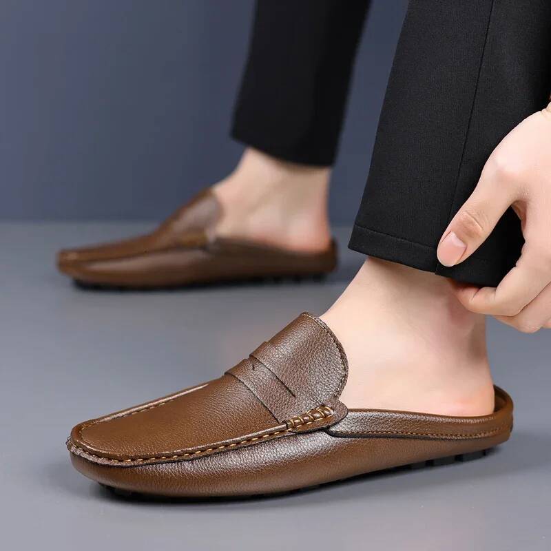 Ddmyoutdoor Summer Slip On Soft Leather Slippers High Quality Flats Male Walking Casual Loafers Half Shoes For Men Lazy Shoe Outdoor Shoes