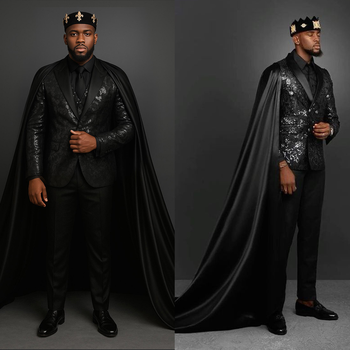 Sparkly Man Suits 2 Pieces Set Sequins Peaked Lapel Party Prom Blazer with Cape Jacquard Customized Two-Button Jacket+ Pants Plus Size