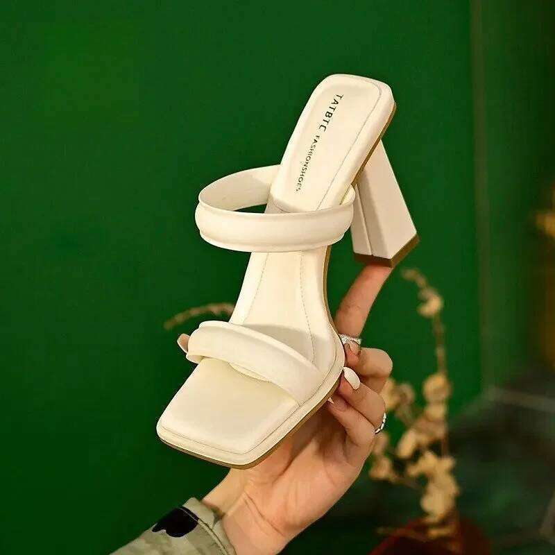High-Heeled Shoes Lady Square heel' Slides Block 2025 Summer Soft Designer Flat Rubber Fabr