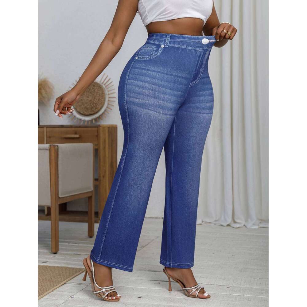 Plus Size Women's Loose Wide-leg Imitation Denim Print Fashion High Elastic Casual Comfortable Retro Straight Pants