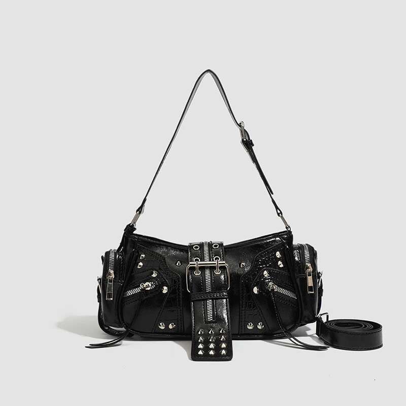 Female retro punk rivet motorcycle PU leather one-shoulder armpit bag designer fashion spicy girl Y2K off-road handbag