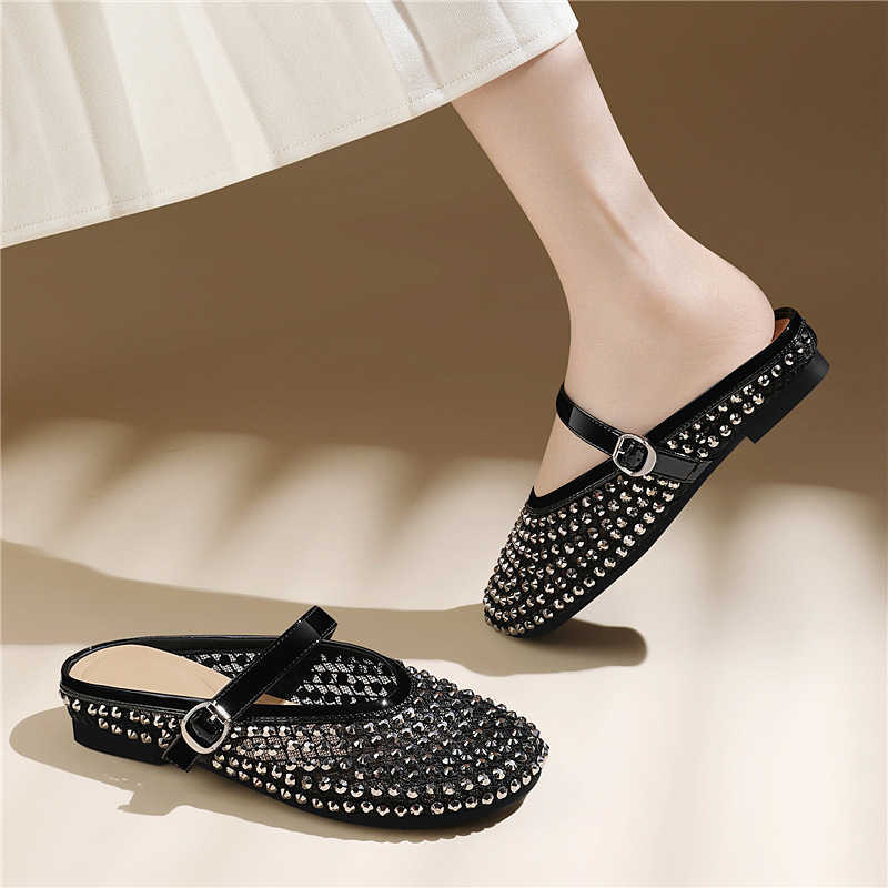 Fashion Mesh Rhinestone Runway Shoes Round Toe Mary Jane Shoes Breathable Flat Ballet Flats For Women Summer