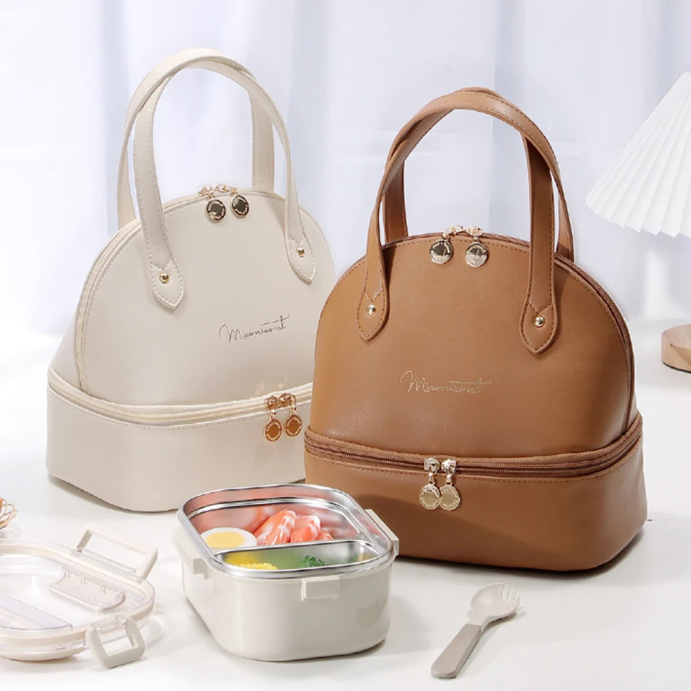 Ladies Insulated Lunch Bag Double Layer PU Leather Food Handbag Case With Top Handle Meal Prep Bag for Travel Work School Picnic 250606