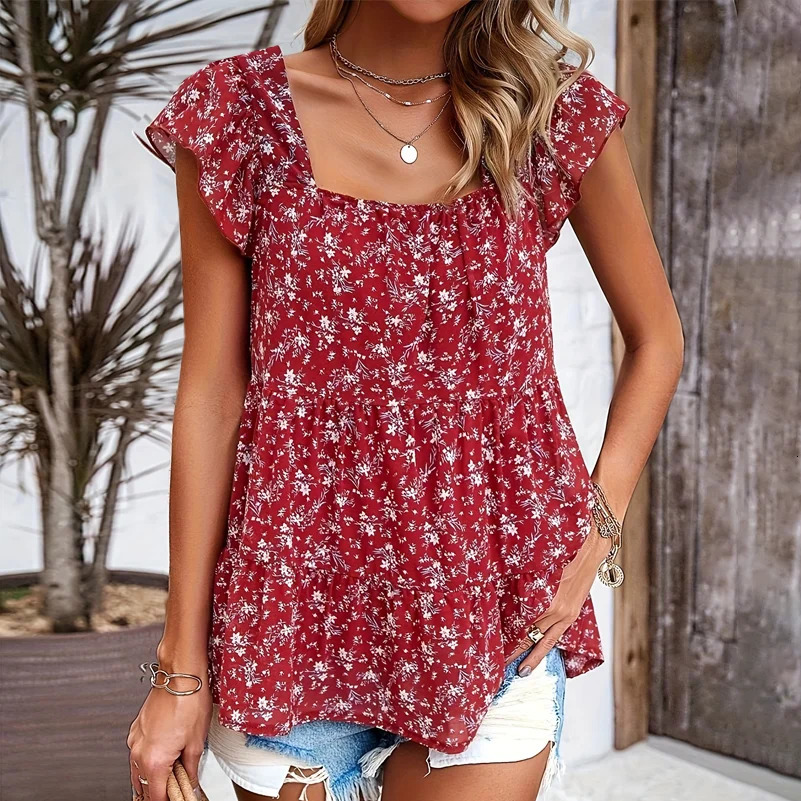 Plus Size Womens Shirts Floral Print Square Collar Layered Loose Fit Suitable for Work Clothing and Vacation 250527