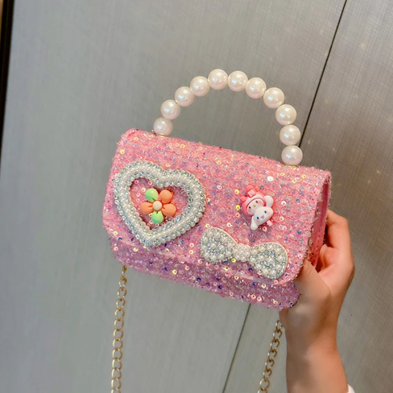 Pearl Beaded Childrens Small Square Shoulder Bag Sweet Bow Sequin Girls Messenger Bags Lovely Princess Handbags Accessories 250605