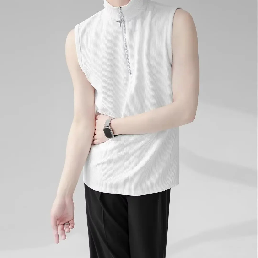 Mens Solid Color Sleeveless Tshirt Summer Korean Style Trendy Sport Casual Creased Vest Shoulder Clothing 250527