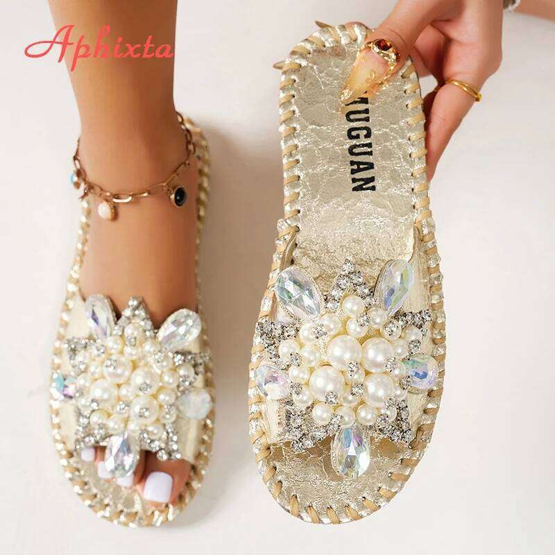 Aphixta New Gold Crystal Flower Slippers Women Summer Round Toe Shoes Outdoor Flat Heel Bling Slides Big Size43 Flip Flop