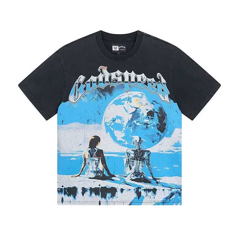 2025 New American Washed Old School Rock Casual Short Sleeve T-Shirt for Men RETRO High quality Trend X250607