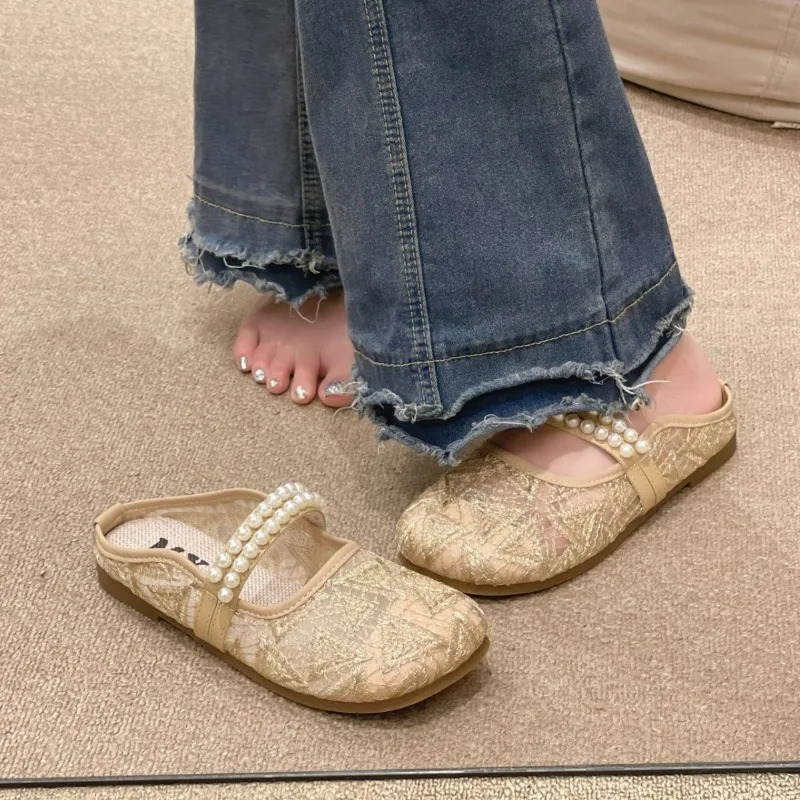 Chinese Style Baitou Half Drag Women Slippers with Pearl Flat Outside Slippers for Women 2025 Sweet Summer Female Shoes 250603