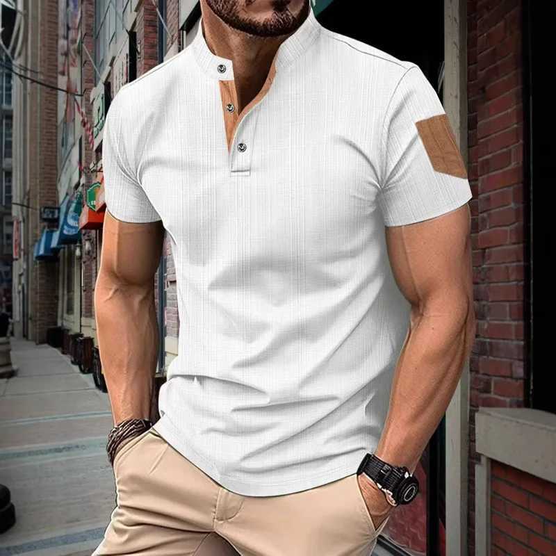 Mens Summer Fashion Short Sleeve T-shirt Mens Business Casual Henley Shirt Breathable Solid Color Stand-up Collar Top W250607