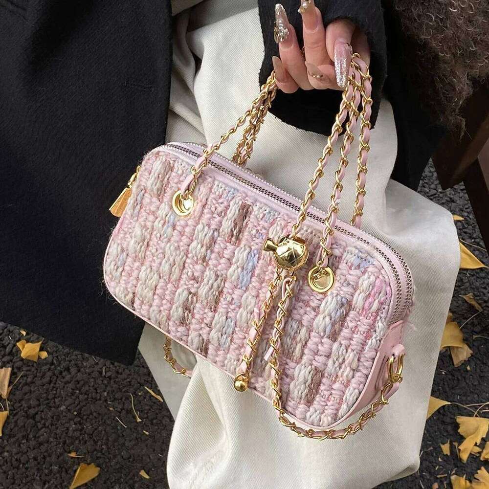 Elegant Women Pink Tweed Shoulder Bag Contrast Color Soft Crossbody Chain Bags Large Capacity Female All-Match Evening Packs