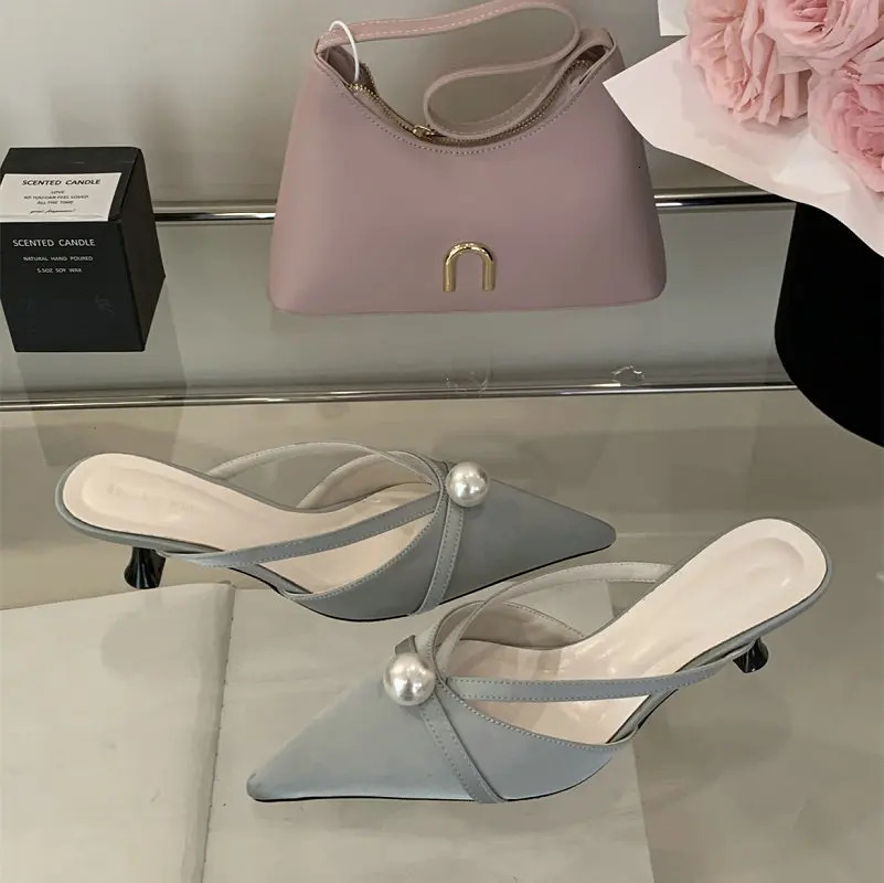 French Pointed Baotou Half Slippers Female 2025 Spring Wear Temperament Pearl Thin Heel Soft Soled Moqin Shoes 250603
