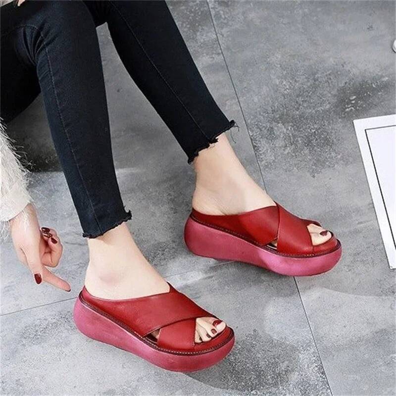 Ddmyoutdoor Women Slippers Soft Leather Wedges Shoes Woman Summer Beach Flip Flops New Platform Sandalias Mujer Wedge Heels Sandals outdoor shoes
