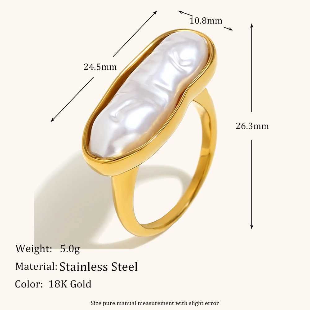 The.Muses Irregular Long Imitation Pearl Stainless Steel Womens Ring Fashionable Waterproof 18K Gold-plated Jewelry Gift W250606