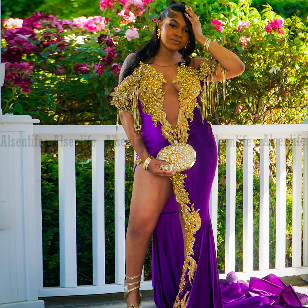 Purple Mermaid Prom Dresses 2K25 Crystals Diamonds Split Birthday Party Gowns Tassel Evening Gown