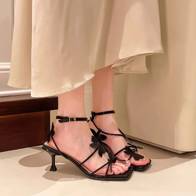 Summer Butterfly Womens High Heel Sandals Square Toe Buckle Casual Shoes Elegant Stiletto Heel Ankle Strap Party 250605
