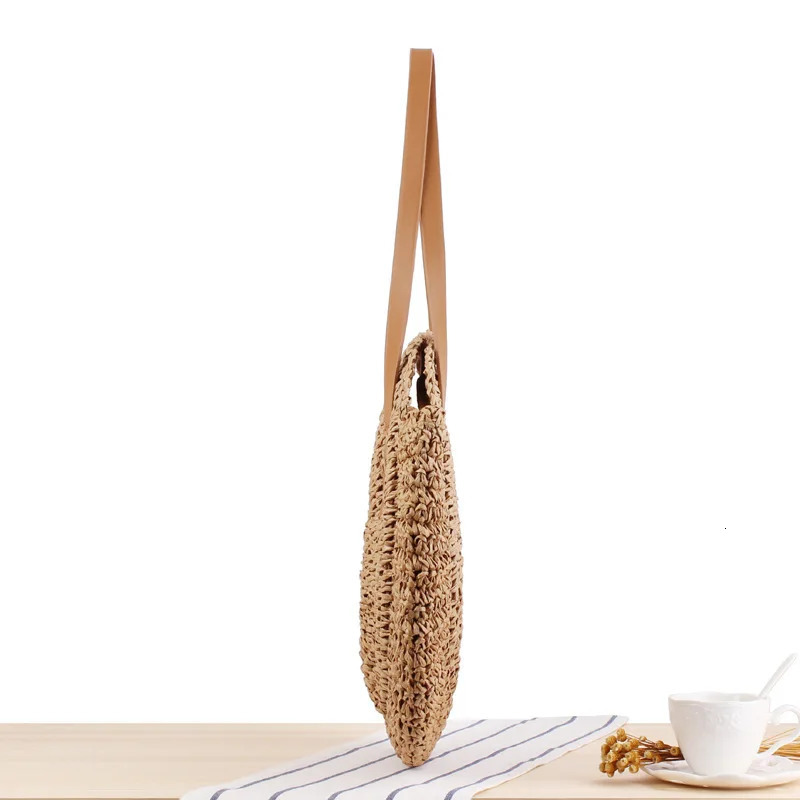Summer Round Straw Women Vacation Woven Beach Shoulder Bag Large Capacity Hollow Out Simple Tote Travel Handbags 250605