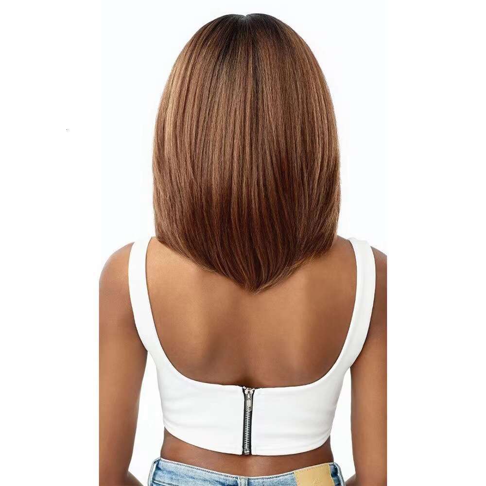 New Short Brown Bobo For Women Face-Slimming Medium Length Curly Hair Middle Part Bangs Full Wig