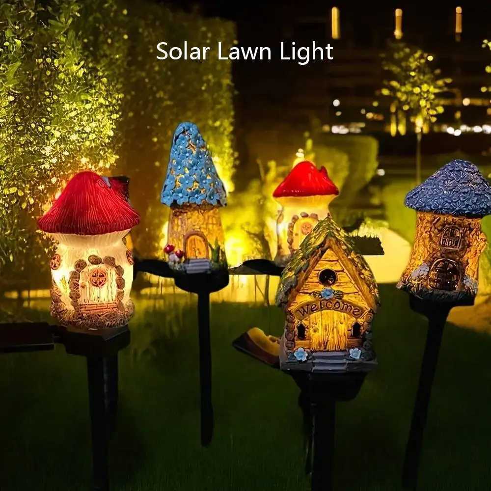 1pc Creative Solar Resin Mushroom House Light Waterproof Small House Led Floor Plug Light For Outdoor Garden Lawn DecorationXJ250606